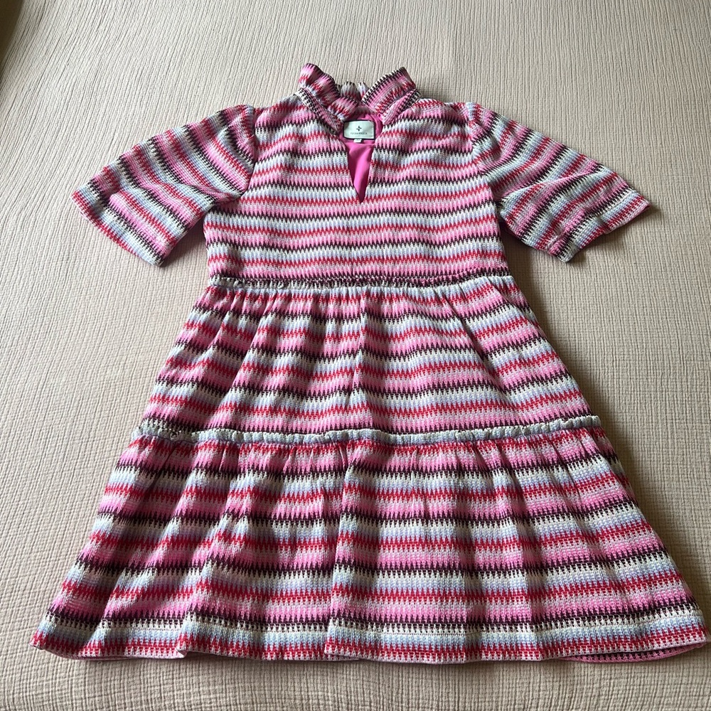 Tuckernuck Pink, White and Gray Striped Knit Tiered Dress